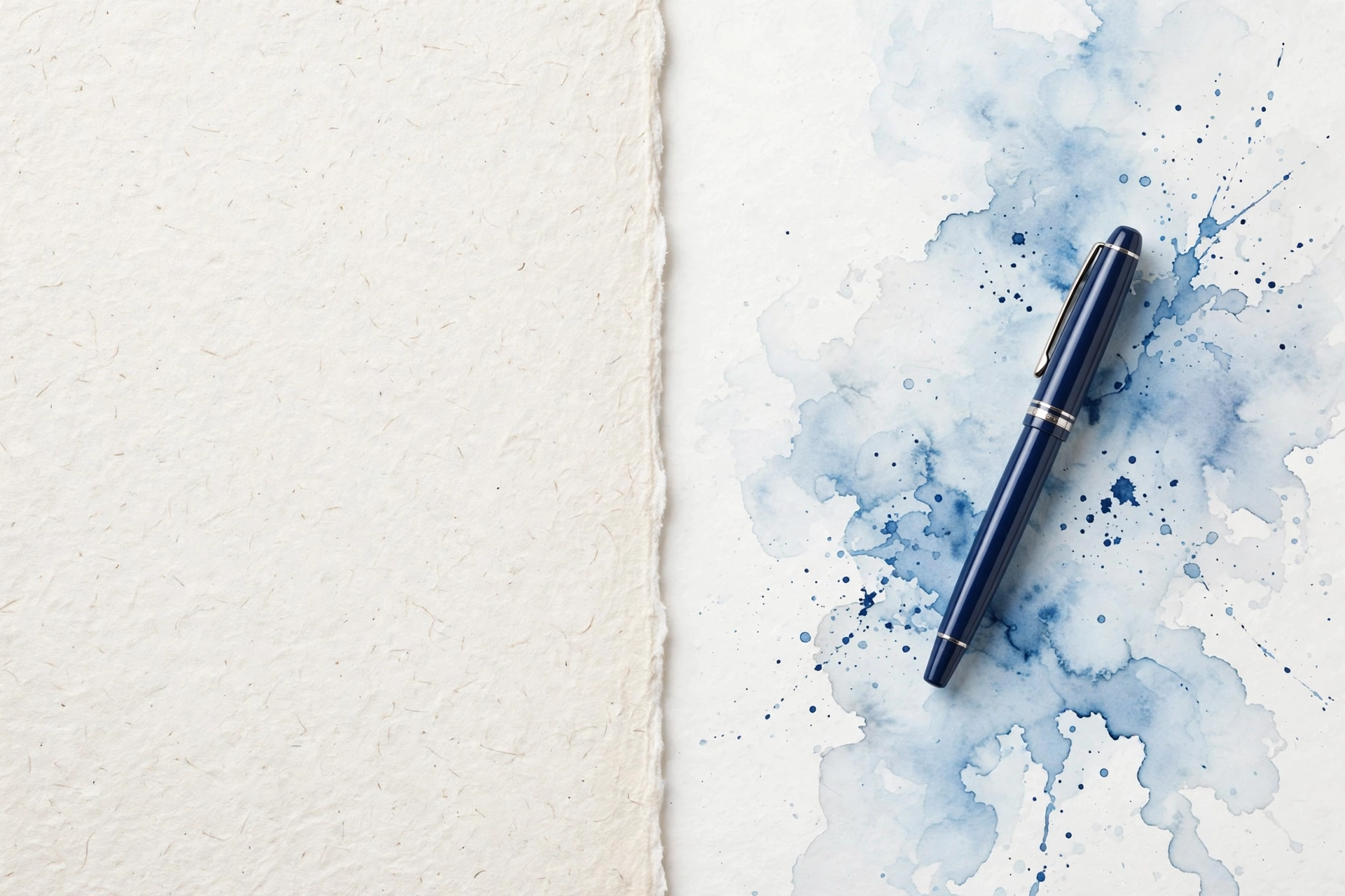 navy blue fountain pen on white handmade paper with blended light blue watercolor ink wash artistic writing background